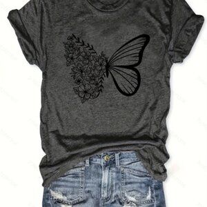 Butterfly Print Crew Neck T-Shirt - Fashionable Womens Graphic Print T-Shirt
